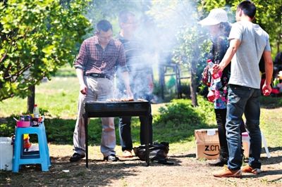 5月2日，昌平沙河水库，水坝南端东侧公园里，游客们露天烧烤。新京报记者 尹亚飞 摄
